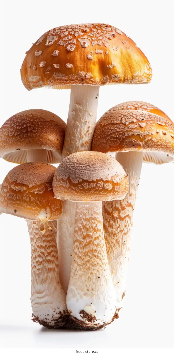 Five orange-capped mushrooms with white stems on a white background