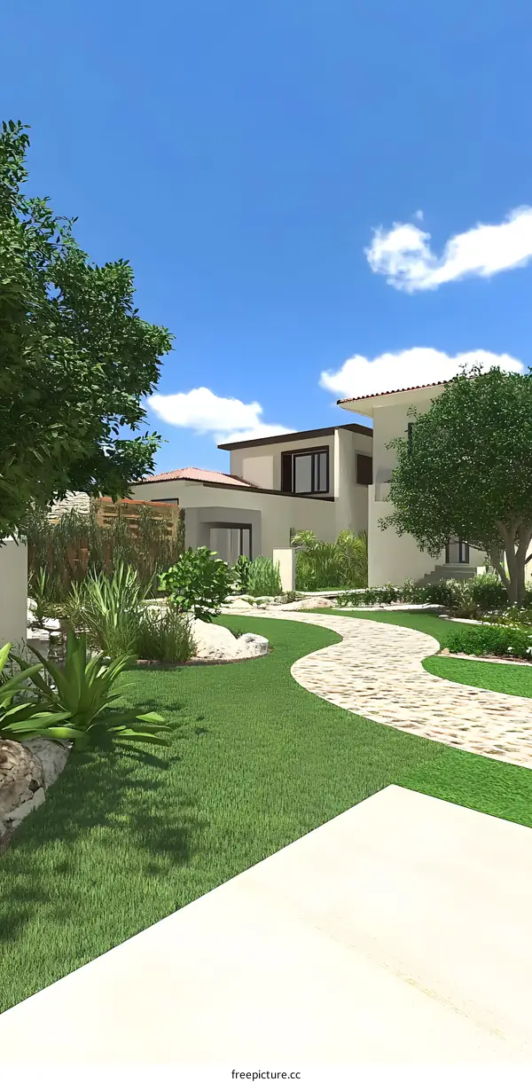 Modern Home Landscaping Design With Green Grass and Winding Pathway