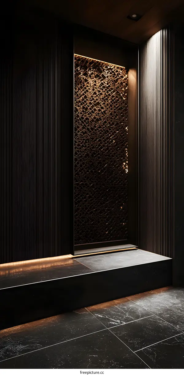 Modern Interior Design with Black and Gold Wall Panels and Marble Flooring