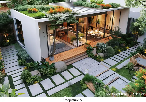 Courtyard House with Roof Garden and Stone Pathways
