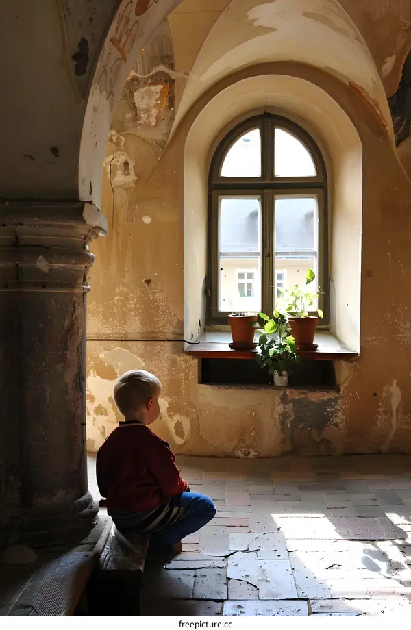 Young Boy Sitting by Window in Old Building