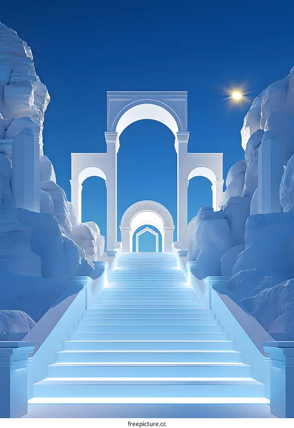 White Staircase Leading to Arches in a 3D Rendered Scene