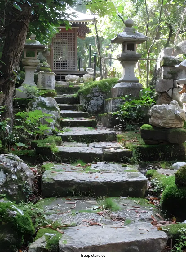 Stone Steps Leading Up To A Japanese Garden