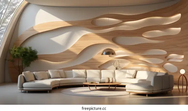 Modern Living Room with Curved Sofa and Wooden Wall