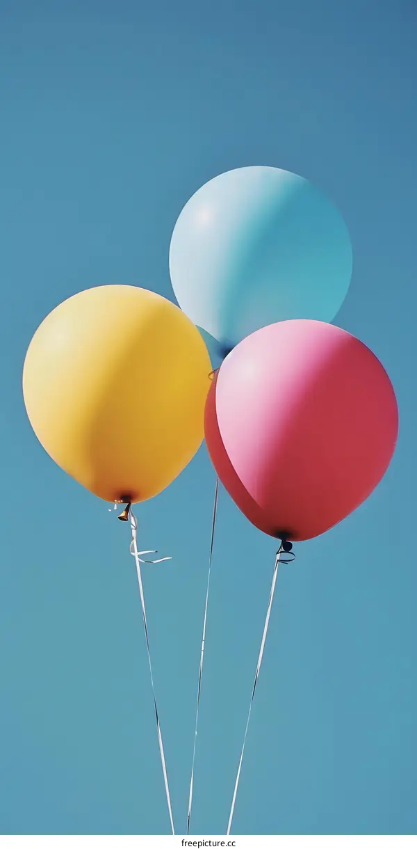 Three Colorful Balloons Against a Blue Sky