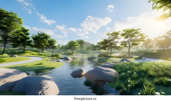 Serene Landscape with Winding Path and River