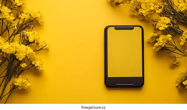 Yellow Flowers and Smartphone Mockup on Yellow Background