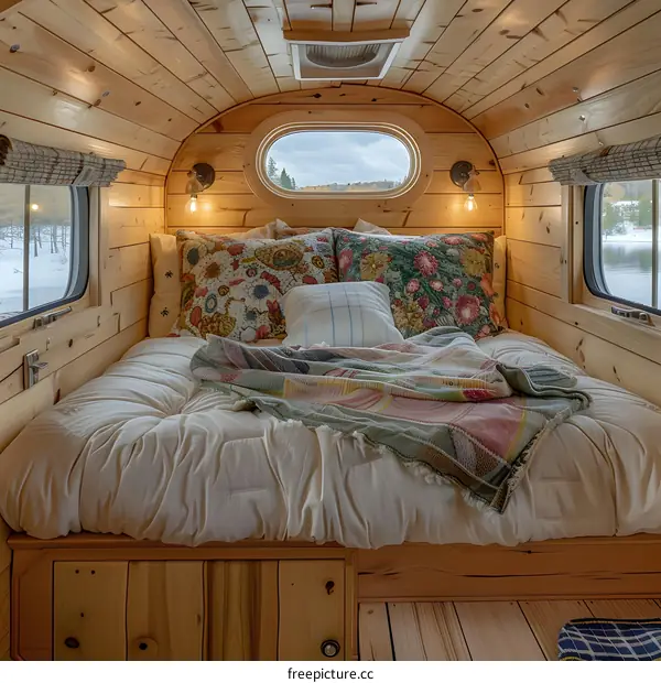 Wooden Camper Van Interior with Bed and Pillows