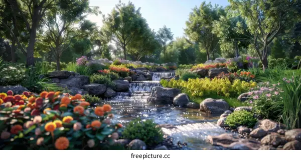Natural Landscape: Creek with Rocks, Flowers and Sunlight
