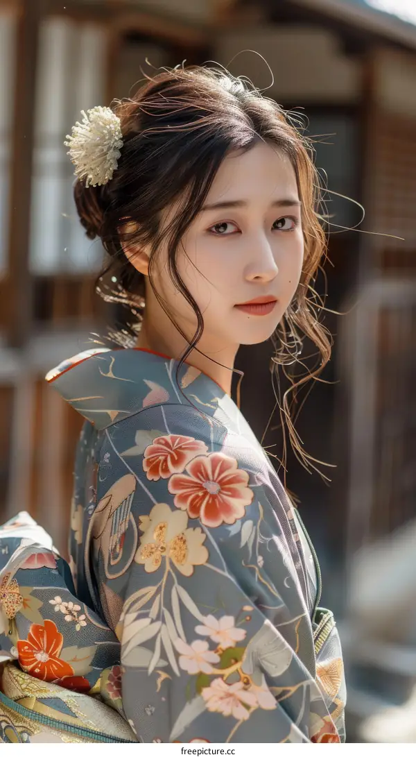 Portrait of a Japanese Woman in Traditional Kimono