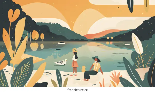 Two People Relaxing By A Lake With Birds And Plants