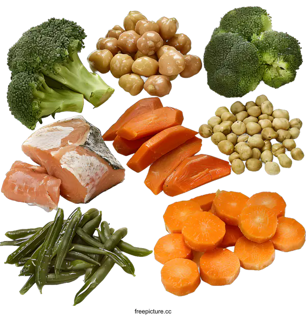 [Transparent Background PNG]Fresh Salmon, Broccoli, Green Beans, Carrots, and Chickpeas