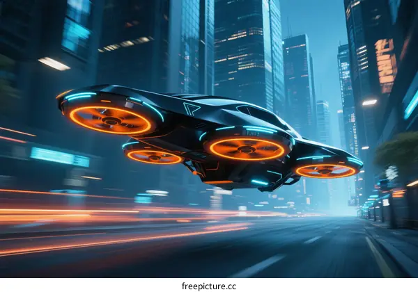Futuristic Hover Car Flying Over Modern City Street at Night