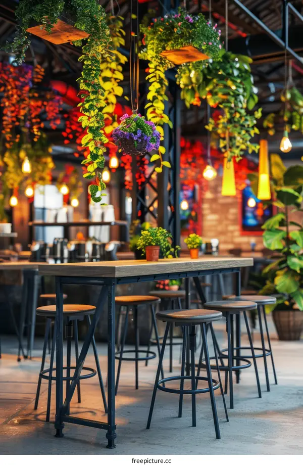 Rustic Chic Cafe Interior Design With Hanging Plants And Warm Lighting