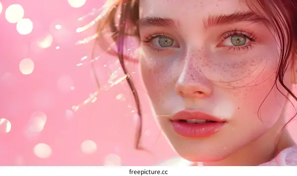 Close Up Portrait of a Young Woman with Freckles and Pink Background