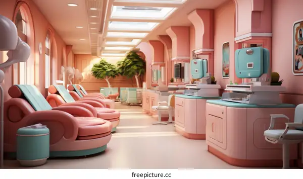 Pink and blue retro futuristic hospital