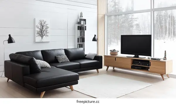 Modern Living Room with Leather Sectional Sofa and Wooden TV Stand