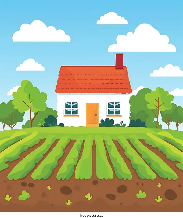 Cartoon Illustration Of White House With Red Roof And Garden