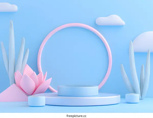 Blue And Pink Pastel Minimalist 3D Product Display Background With Podium And Flower