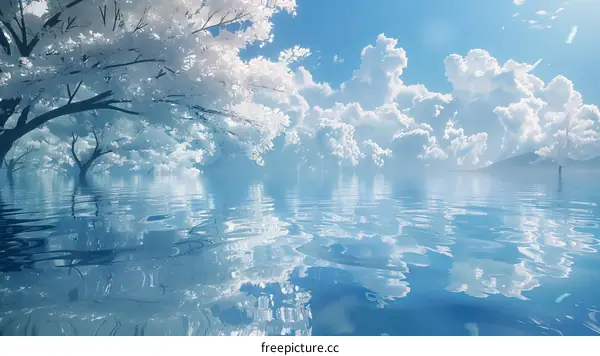 Tranquil Water Surface with White Trees and Blue Sky
