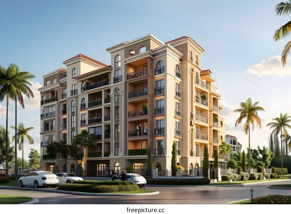 A beautiful residential building with palm trees in front of it