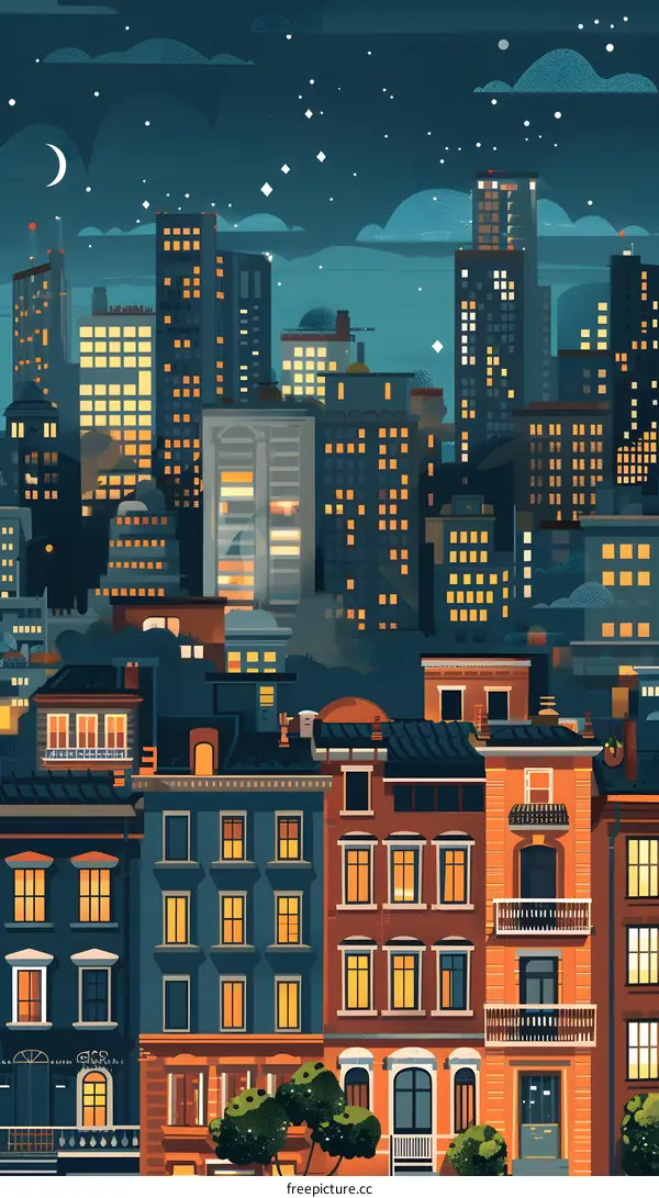 Night Cityscape Illustration With Buildings and Stars