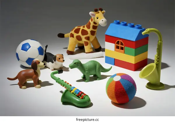 Assorted colorful toys including giraffe block house soccer ball and more