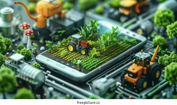 Tractor in a Field with a Smartphone in the Foreground