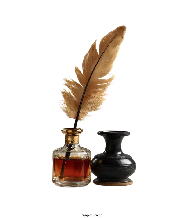 [Transparent Background PNG]Vintage Feather Quill Pen and Inkwell Set