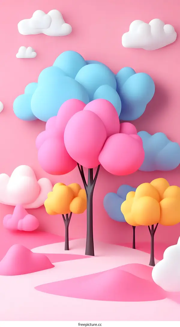 3D Cartoon Landscape with Pink, Blue, and Yellow Clouds