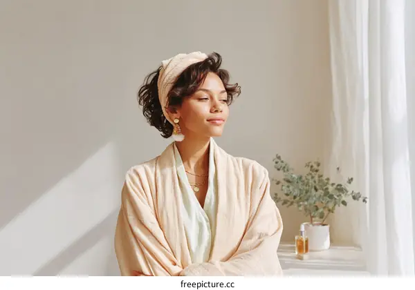 A serene woman in soft robe enjoying peaceful moment by window