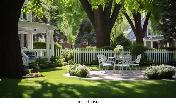 A beautiful backyard with a white fence and a patio
