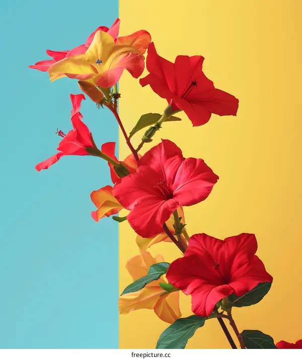 Red and Yellow Flowers on a Blue and Yellow Background