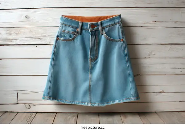 Light Blue Denim A-Line Skirt on Wooden Background
