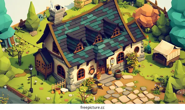 Low Poly Style Cartoon House and Garden Illustration