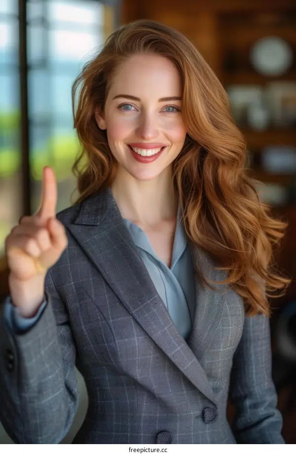 redhead woman in suit smiling and pointing