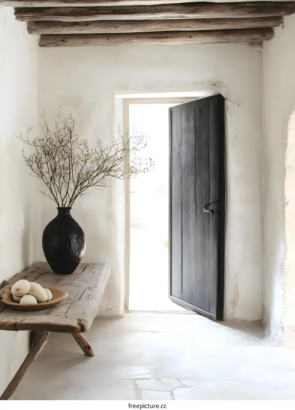 Minimalist Interior Design with Wooden Beams and Open Door