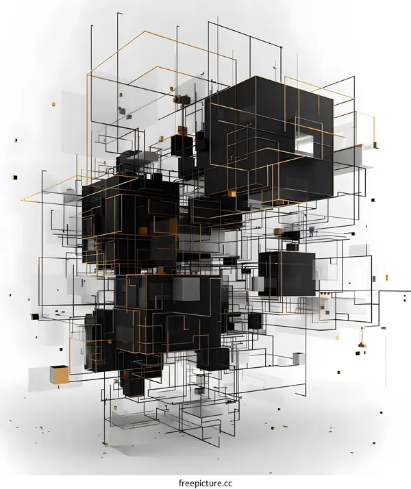 Abstract 3D Geometric Design with Black and Gold Lines