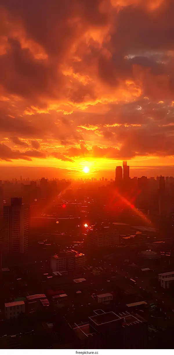 Fiery Sunset over the City Skyline