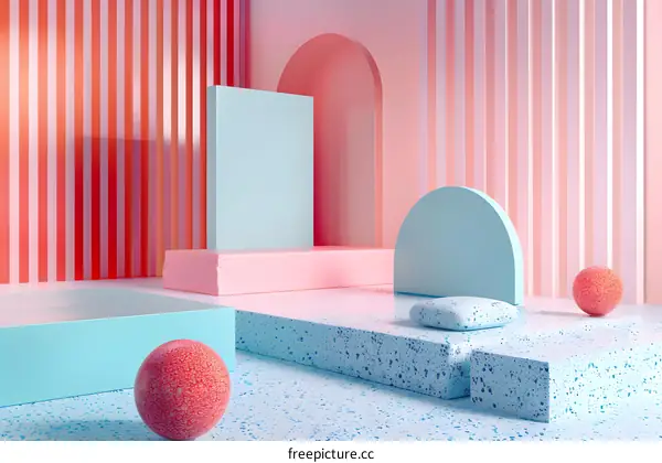 Abstract 3D Rendered Geometric Shapes with Pink and Blue Colors