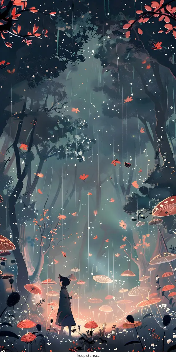 Fantasy Forest with Girl Walking Through Magical Mushrooms