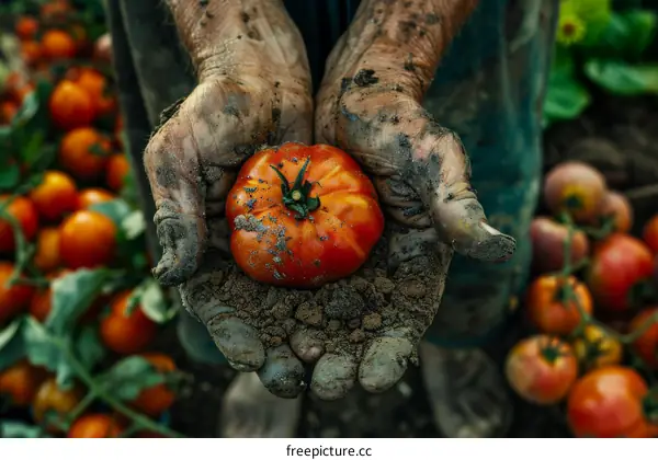Farmer holding a tomato in his hands