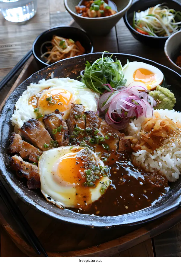 A plate of delicious food with eggs, pork, rice and vegetables