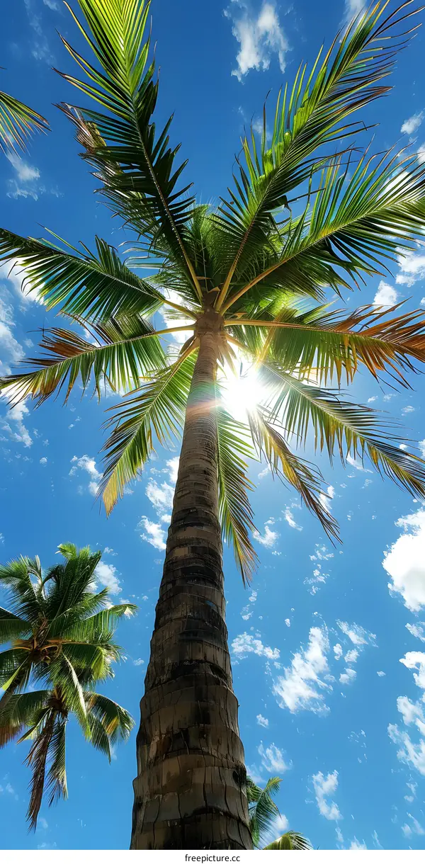 Palm tree against blue sky and sun