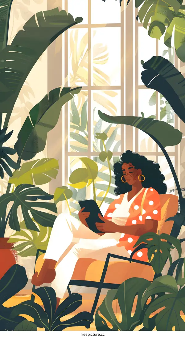 Woman Reading in a Tropical Garden Illustration