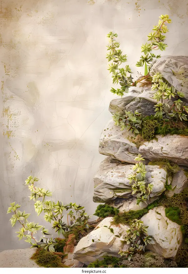 Green Plants Growing on Rocks With Vintage Background
