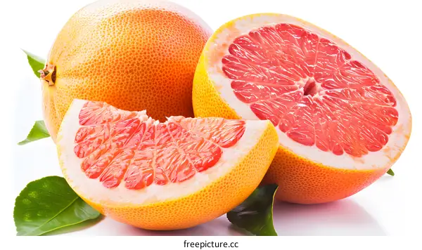 Fresh Red Grapefruit with Green Leaves on White Background