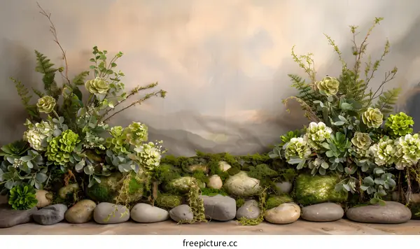 Green Floral Arrangement with Stone and Moss