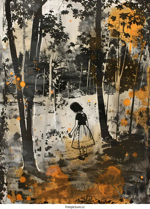 Silhouette of a Girl in a Forest with Gold Paint Splashes