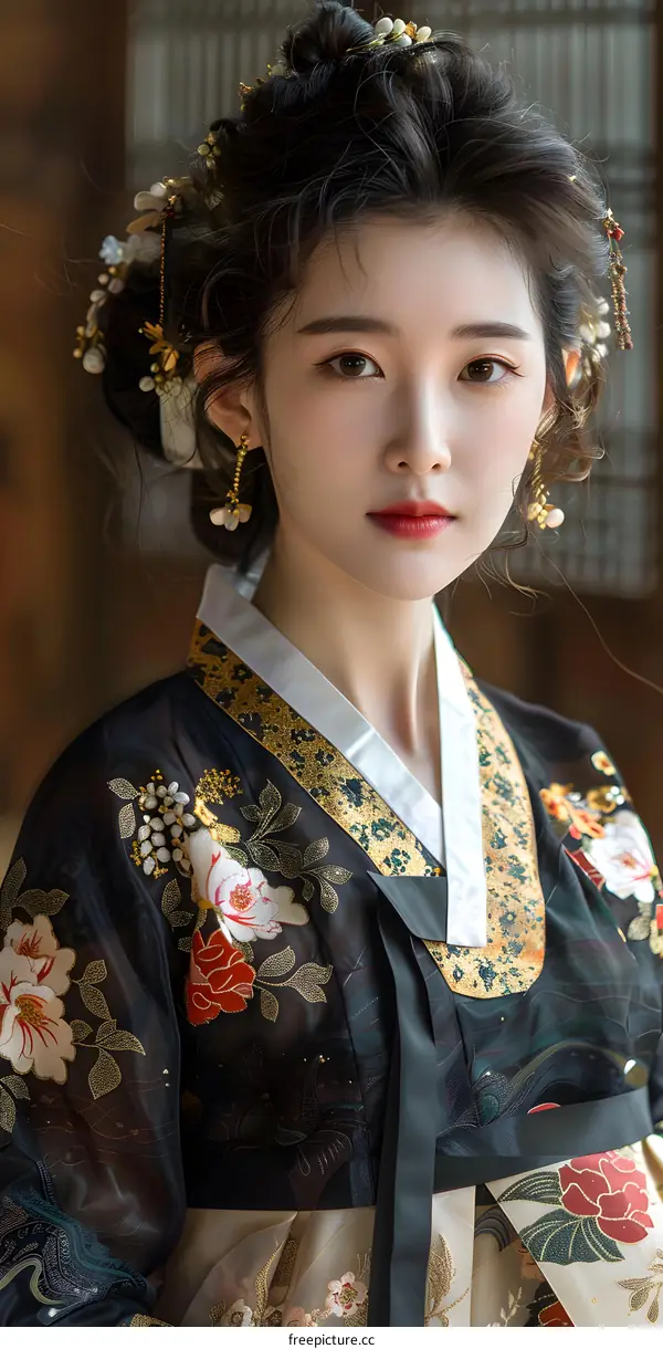Portrait of a beautiful Asian woman in traditional Korean dress, or Hanbok